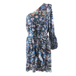 Ella Moon One Shoulder Mini Dress Floral Ruffle Navy Blue Size M